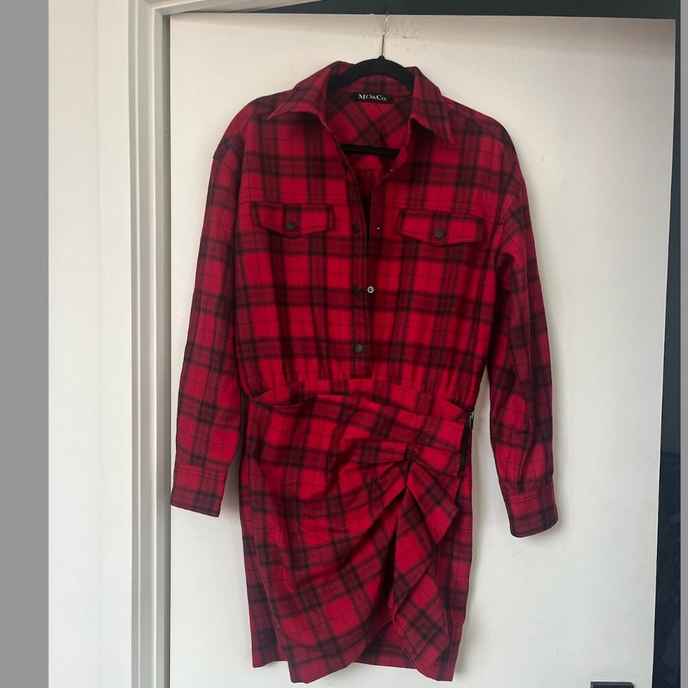 Wool Blend Ruched Skirt Plaid Mini Shirt Dress